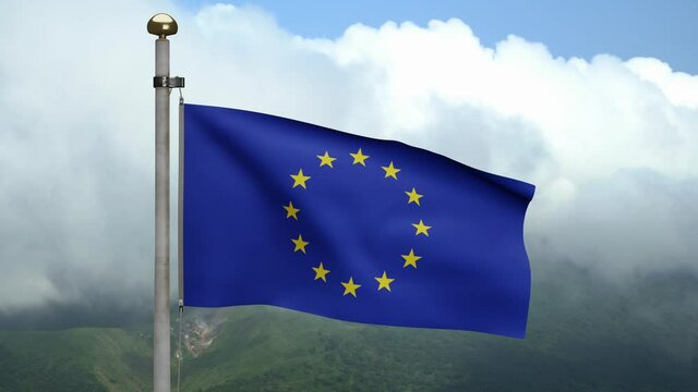 European Union flag waving in wind at mountain. Close up of Europe banner blowing, soft and smooth silk. Cloth fabric texture ensign background. Use for national day and country occasions concept-Dan