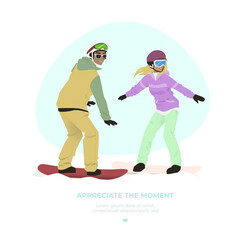 Girl and boy riding on snowboard (v.1)