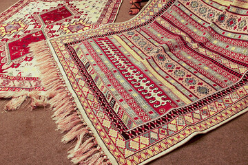  interesting background with handmade Turkish rugs in close-up