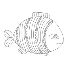 Coloring black and white. Cute fish with patterns.