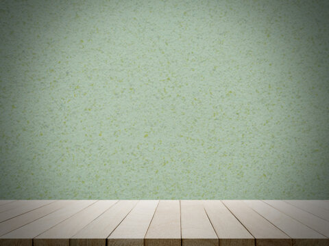Wood perspective room with green sement wall.  empty floor for add text or product presentation. interiors concept.