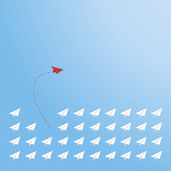 Think differently concept. Red airplane changing direction. 