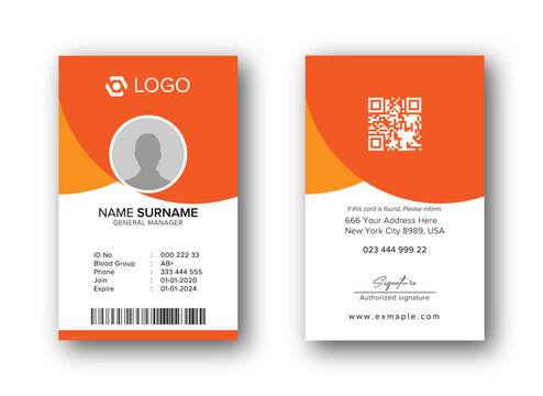 Modern ID Card Template with an author photo place | Office Id Card Layout orange Background | Employee Id Card for Your Business or Company