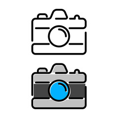 Photo camera. Pocket digital camera line icon on white background. Outline design vector illustration.