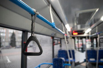 Obraz premium Close up, handrail in a new bus