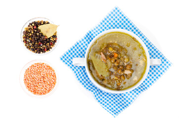 Tasty hot soup with lentils and celery.