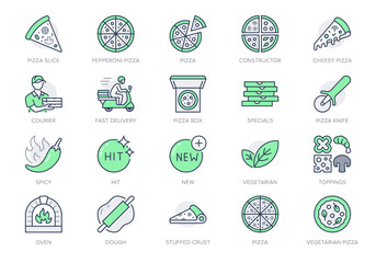 Pizza delivery line icons. Vector illustration set with icon as cheese slice, courier, box, pepperoni, vegetarian restaurant. Outline pictogram for pizzeria menu. Green Color Editable Stroke