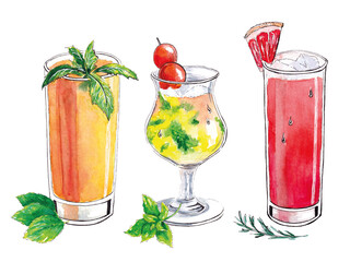 Hand drawn watercolor drink set. Glass of orange juice