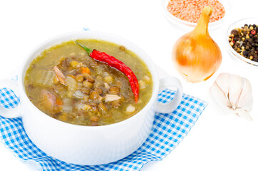 Tasty hot soup with lentils and celery.