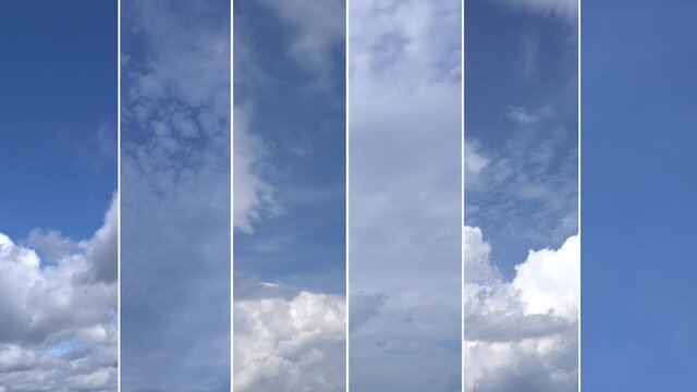 Montage of video collage of beautiful sunny time lapse cloudscapes. Stock footage of white delicate fluffy small and huge clouds moving in sunny clear blue skies backgrounds