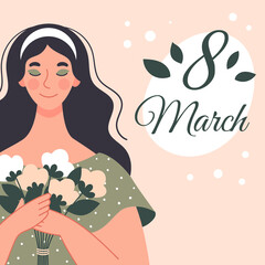 Beautiful woman with a bouquet of flowers. Postcard for women's day. Vector illustration in flat style
