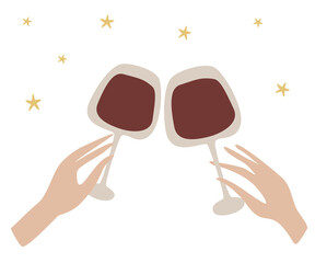 Two hands clinking. Beautiful female hand holds a glass of wine. Celebration with clinking glasses. Festive feast with alcoholic drinks. Vector illustration in a flat style on white background.