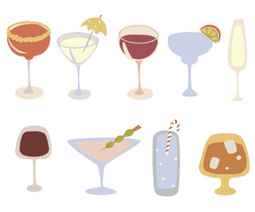 Alcohol drinks icon kit. Cartoon cocktails vector set. Beverages and party concept. Design for your menu, blog, card, poster, banner and t-shirt. Isolated on white background.