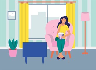 A young woman is sitting on the sofa, watching TV and eating popcorn. The concept of daily life, everyday leisure and work activities. Flat cartoon vector illustration.