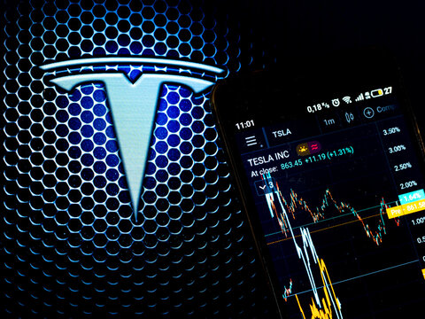 In this photo illustration the stock market information of Tesla Inc. displays on a smartphone while the logo of Tesla Inc. displays as the background.