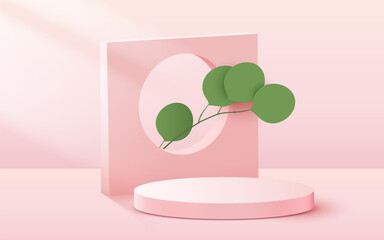 Abstract scene background. Cylinder podium with leaves on pink background. Product presentation, mock up, show cosmetic product, Podium, stage pedestal or platform.