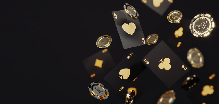 Casino chips and cards on black background. Casino game golden 3D chips. Online casino background banner or casino logo. Black and gold chips. Gambling concept, poker mobile app icon. 3D rendering.