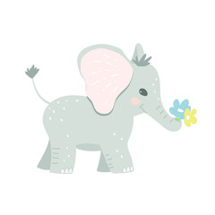 The baby elephant carries flowers in its trunk. Flowers for congratulating a friend, relative. Cartoon vector illustration.