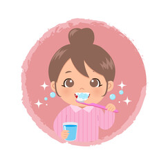 Cute girl brushing her teeth with tooth brush while holding a glass of water in other hand. Flat vector cartoon.