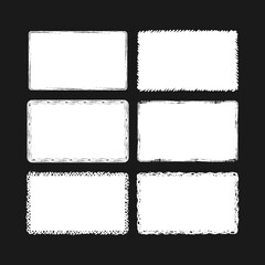 Rough borders set.Rectangular grunge turn box frames. Vector isolated chalk background. 