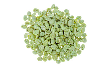 Green unroasted coffee beans on white background