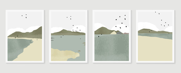 Mountain background wall art vector set. Sunrise and sunset with fog in mountains.  Earth tones landscapes abstract arts wallpaper design for wall framed prints, canvas prints, poster and home decor.