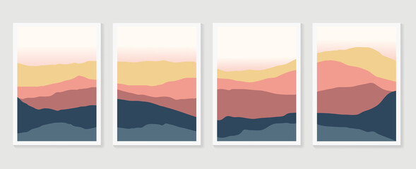 Naklejka na ściany i meble Mountain background wall art vector set. Sunrise and sunset with fog in mountains. Earth tones landscapes abstract arts wallpaper design for wall framed prints, canvas prints, poster and home decor.