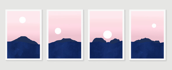 Mountain background wall art vector set. Sunrise and sunset with fog in mountains.  Earth tones landscapes abstract arts wallpaper design for wall framed prints, canvas prints, poster and home decor.