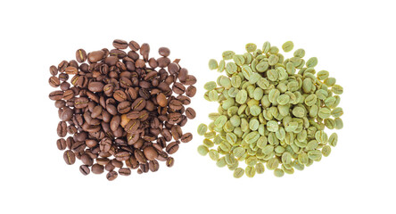 Beans of green unroasted and black roasted coffee on white background