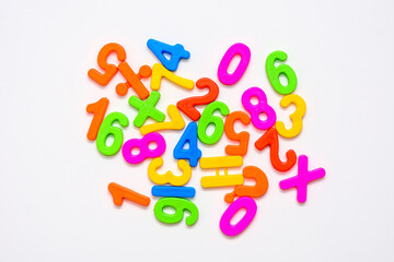 Children's numbers for teaching kids mathematics. View from above. The numbers are multicolored.