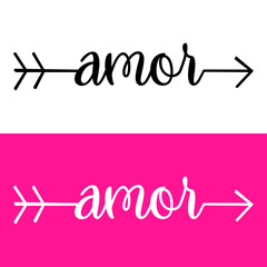 Día de San Valentín. Logotipo con texto manuscrito amor en español con forma de flecha con lineas en fondo rosa y blanco - obrazy, fototapety, plakaty