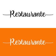 Logotipo con texto manuscrito Restaurante en español con lineas en fondo naranja y blanco © teracreonte