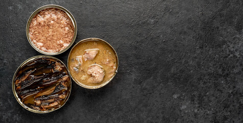 Assortment of canned food cans with different types of fish Salmon, tuna, mackerel and sprats and seafood on a stone background with copy space for your text