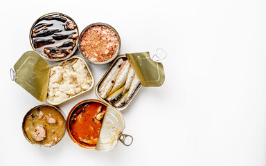Assortment of cans of canned food with different types of fish Salmon, tuna, mackerel and sprats and seafood against white background with copy space for your text