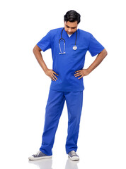 healthcare, profession and medicine concept - stressed indian doctor or male nurse in blue uniform over white background