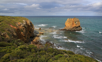 View of Eagle Rock from the Split Point lighthouse at Aireys Inlet, Victoria, Australia.