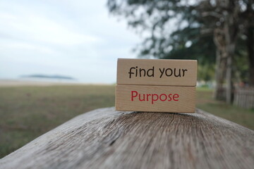 Conceptual image: Wooden blocks written Find Your Purpose at outdoor. Selective focus or Depth of...