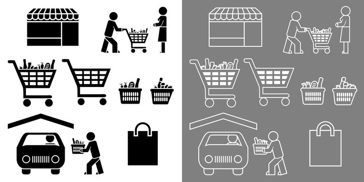 Ensemble de pictogrammes noirs ou blancs autour des achats réalisés dans les supermarchés.