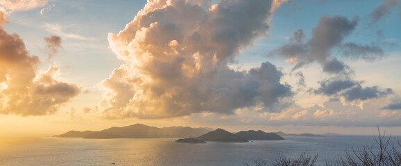 Sunset view of Praslin Island from Belle Vue La Digue in the Seychelles