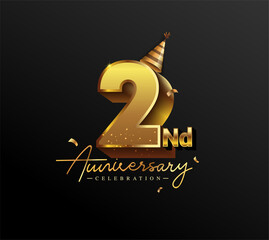2nd Anniversary Logotype with Gold Confetti Isolated on Black Background, Vector Design for Greeting Card and Invitation Card