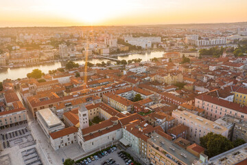 Aerial drone shot of Zadar old town square in sunrise hour in Croatia Dalmatia area