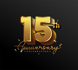 15th Anniversary Logotype with Gold Confetti Isolated on Black Background, Vector Design for Greeting Card and Invitation Card