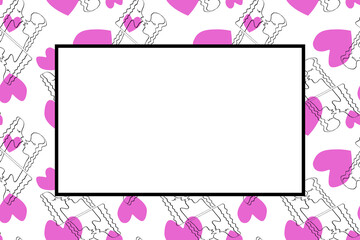 Frame with kissing people and pink hearts. Line art, doodle, outline abstract kiss as symbol of love. We are connected. Simple vector background, border