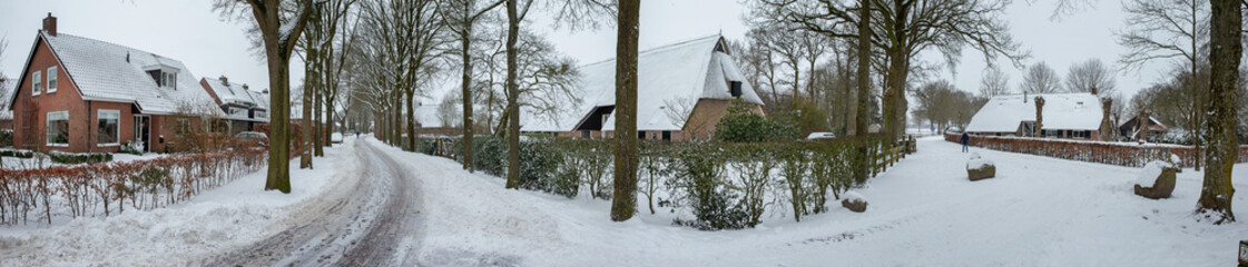 Fototapeta na wymiar Dorpsstraat. Uffelte Westerveld Drenthe Netherlands. Snow and frost. Saxon historc farm. Panorama.