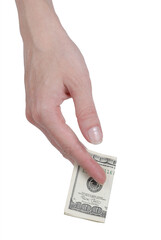 Female hand holding one hundred dollar bill