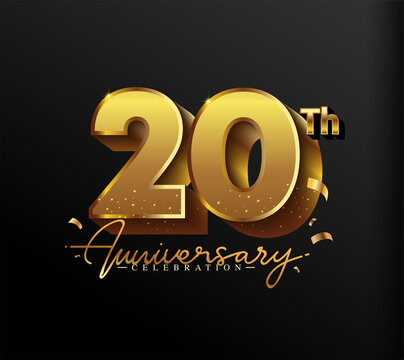 20th Anniversary Logotype with Gold Confetti Isolated on Black Background, Vector Design for Greeting Card and Invitation Card
