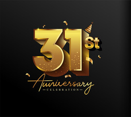 31st Anniversary Logotype with Gold Confetti Isolated on Black Background, Vector Design for Greeting Card and Invitation Card