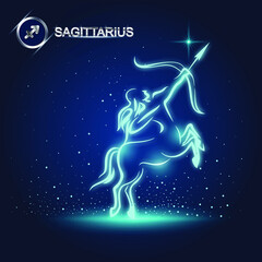 Sagittarius zodiac sign in the twelve zodiac with graphic star galaxy background And the logo of the zodiac.