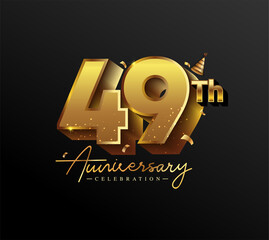 49th Anniversary Logotype with Gold Confetti Isolated on Black Background, Vector Design for Greeting Card and Invitation Card