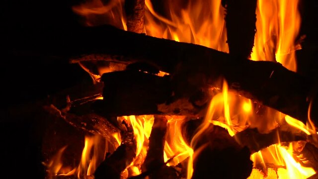 burning wood fire in fireplace